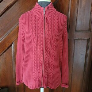 Lands End Sweater Womens Medium Red Full Zip Cable Knit Mock Neck Long Sleeve